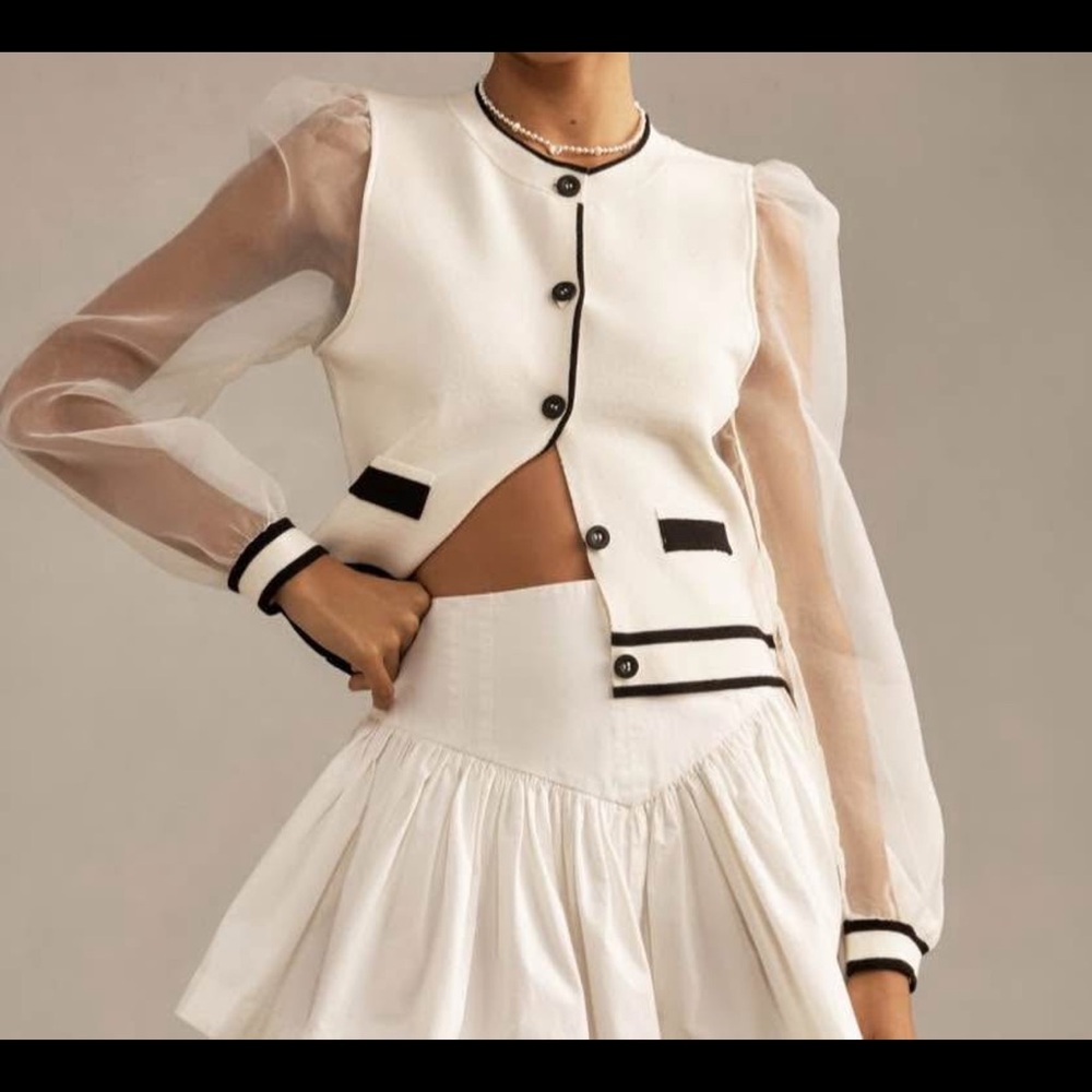 Anthropologie Maeve White Black Chic Organza Cardigan Sweater